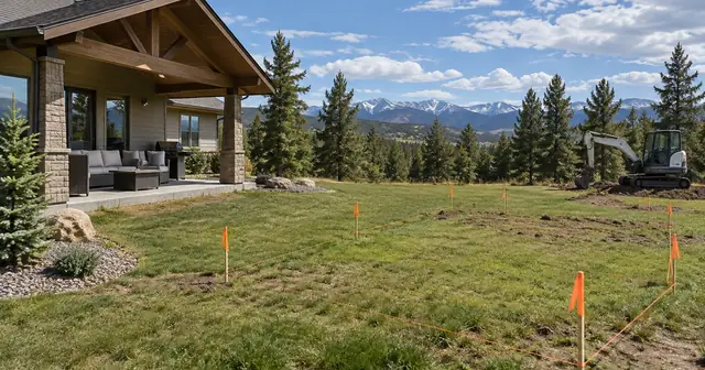 Backyard of a rural Colorado home with flagged stakes marking where a septic system could be placed