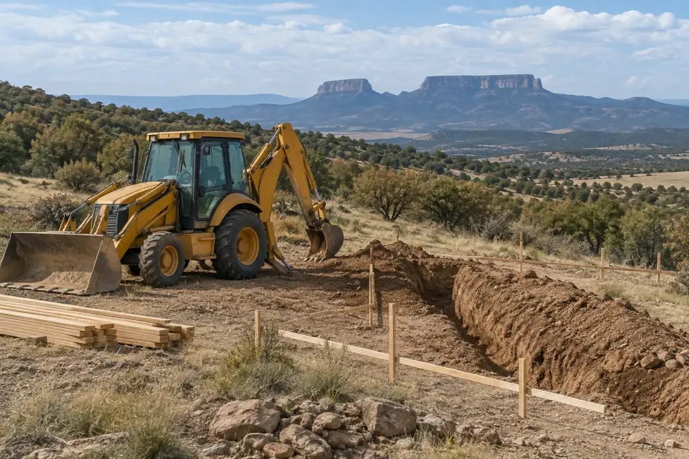 Backhoe digging a trench beside a staked-out area on a rural homesite