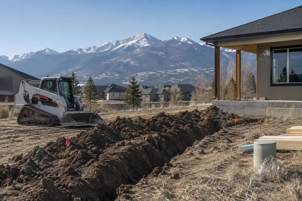 Excavation trench and skid steer on a new residential lot with foothills in the distance