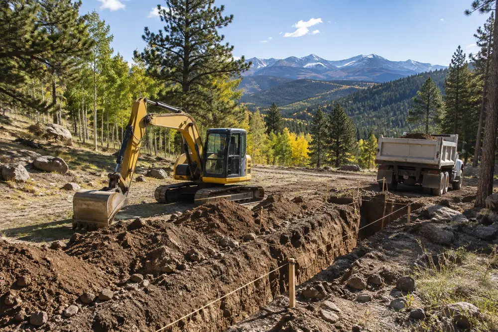 Backhoe and staked trench in a high meadow ringed by ponderosa pine and aspen