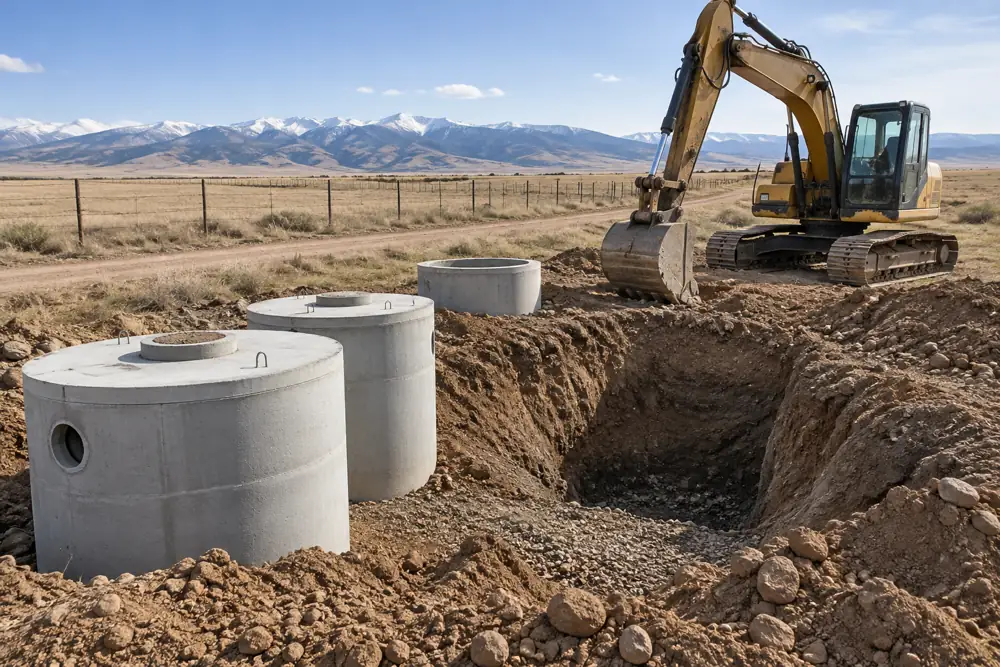 Concrete tank sections stacked beside an open pit on dry grassland with a dirt road