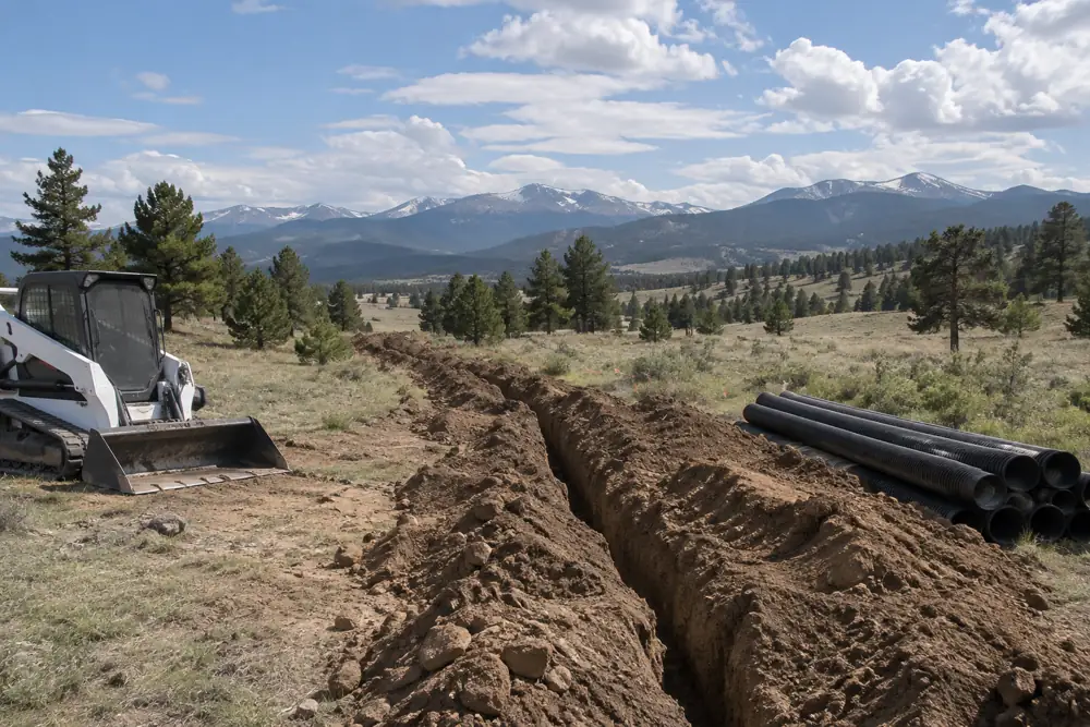 Corrugated pipe stacked beside a skid steer and fresh trench on open prairie