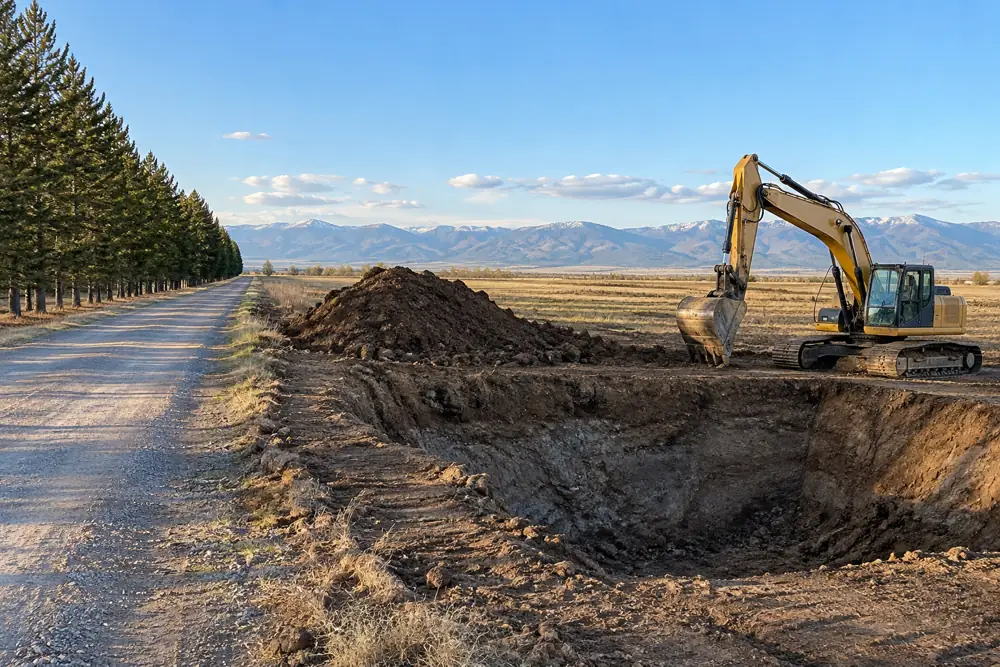 Pit and tracked excavator on flat plains acreage with a line of windbreak trees and a gravel road