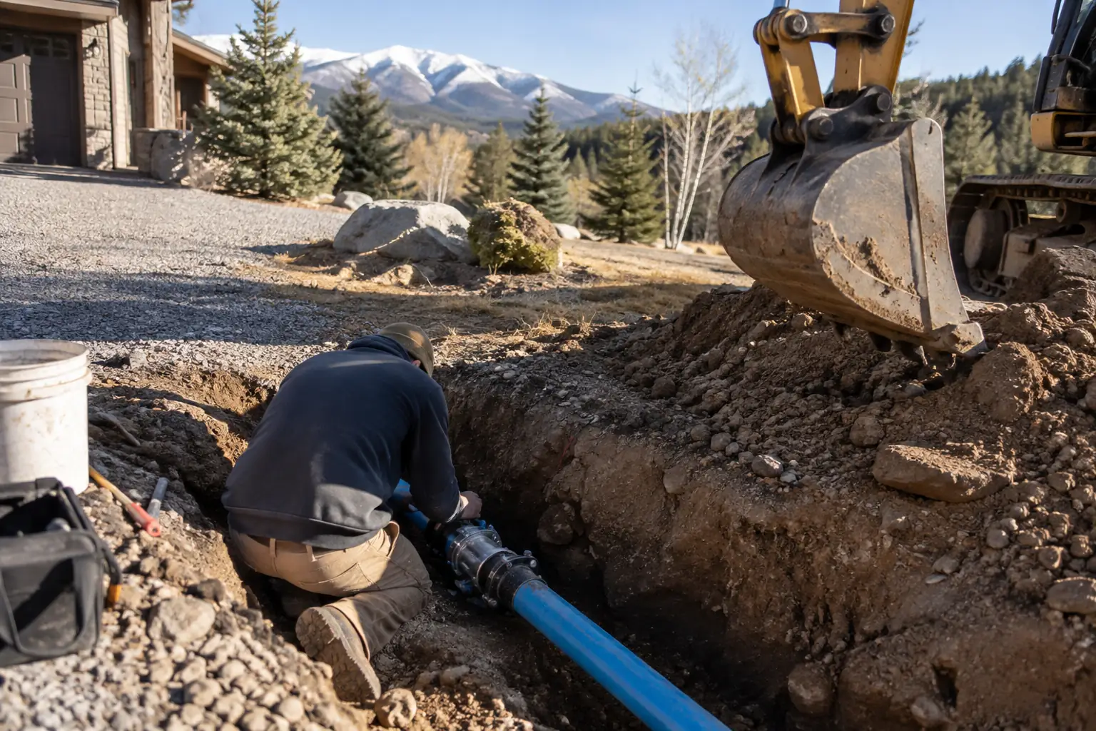 Compact excavator exposing a buried septic tank lid and pipes in a backyard trench